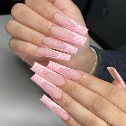 Long ballet love pink line nail art sweet texture wear nail 24 pieces