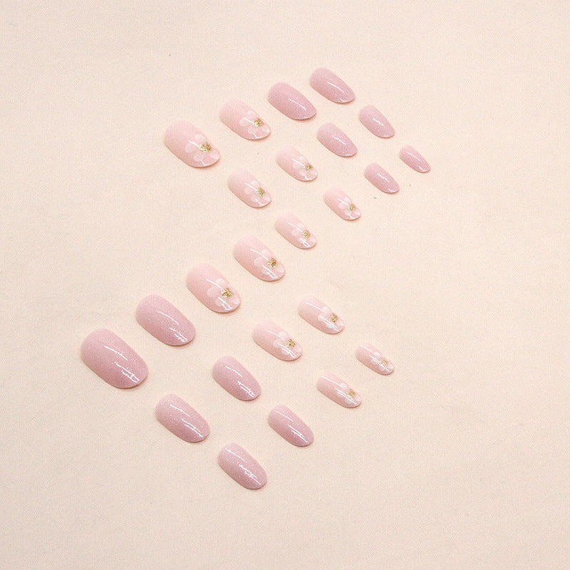 Dreamy pink gentle quicksand flower oval wearable nail 24 pieces