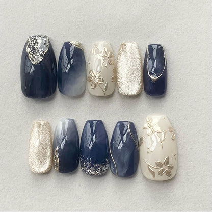 Peach Blossom Print Silver Blue Ink Cat Eye Wearable Nail 24pcs