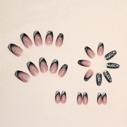 Black triangle glitter leopard print short ballet wearable nails 24 pieces