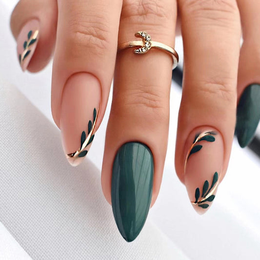 Small fresh bright color matte double dark green cool green leaf wear nail 24 pieces