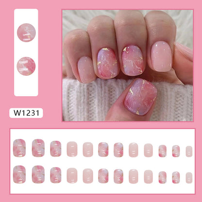 Cherry Blossom Dye Romantic Sunset Gold Foil Short Wearable Nail 24 Pieces 