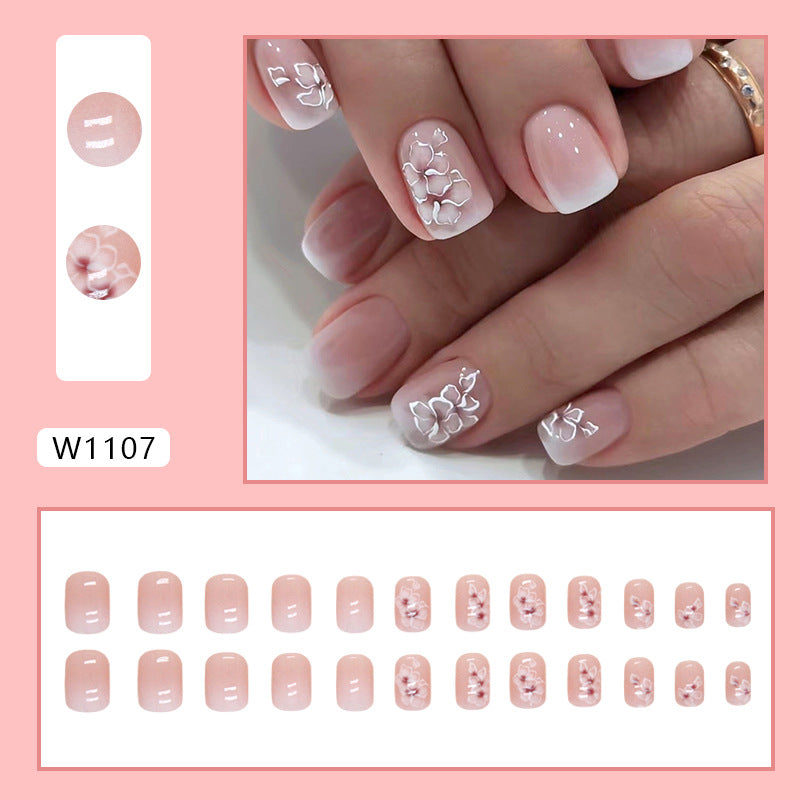 White flower gradient fairy fashion short square wearable nails 24 pieces