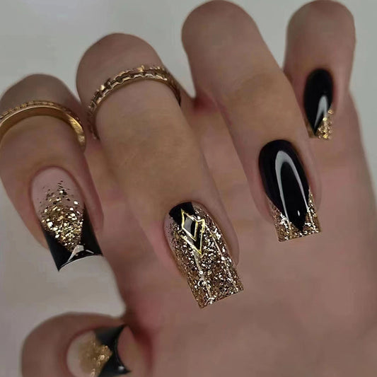 Black glitter gold glitter ins elegant and noble wearable nail 24 pieces 