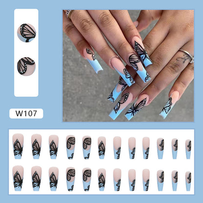 European and American long ballet nails black butterfly blue wearable nails 24 pieces 