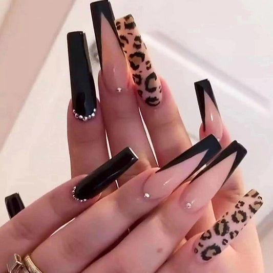 Long ballet nails brown sexy leopard print mysterious diamond wearable nails 24 pieces