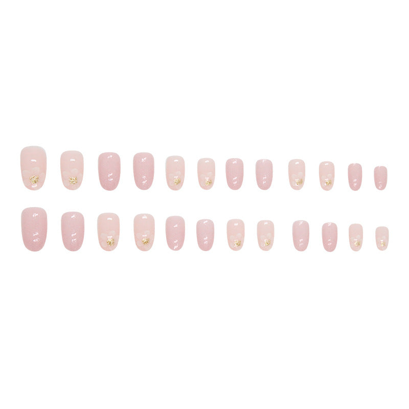 Dreamy pink gentle quicksand flower oval wearable nail 24 pieces