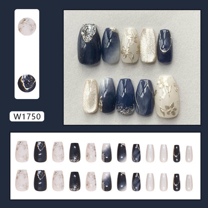 Peach Blossom Print Silver Blue Ink Cat Eye Wearable Nail 24pcs