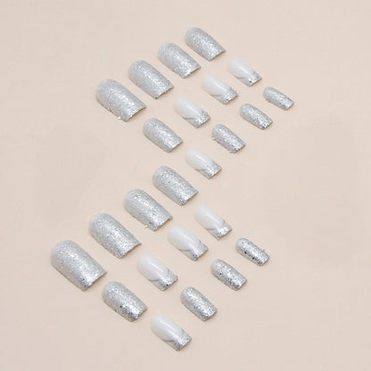 24pcs of silver powder medium-long square fashionable cool wearable nails