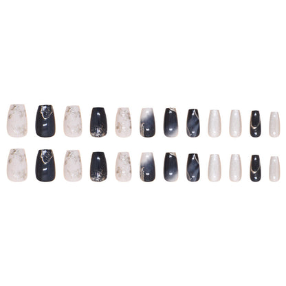 Peach Blossom Print Silver Blue Ink Cat Eye Wearable Nail 24pcs