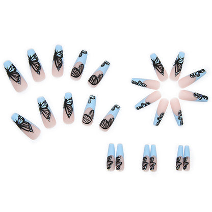 European and American long ballet nails black butterfly blue wearable nails 24 pieces 