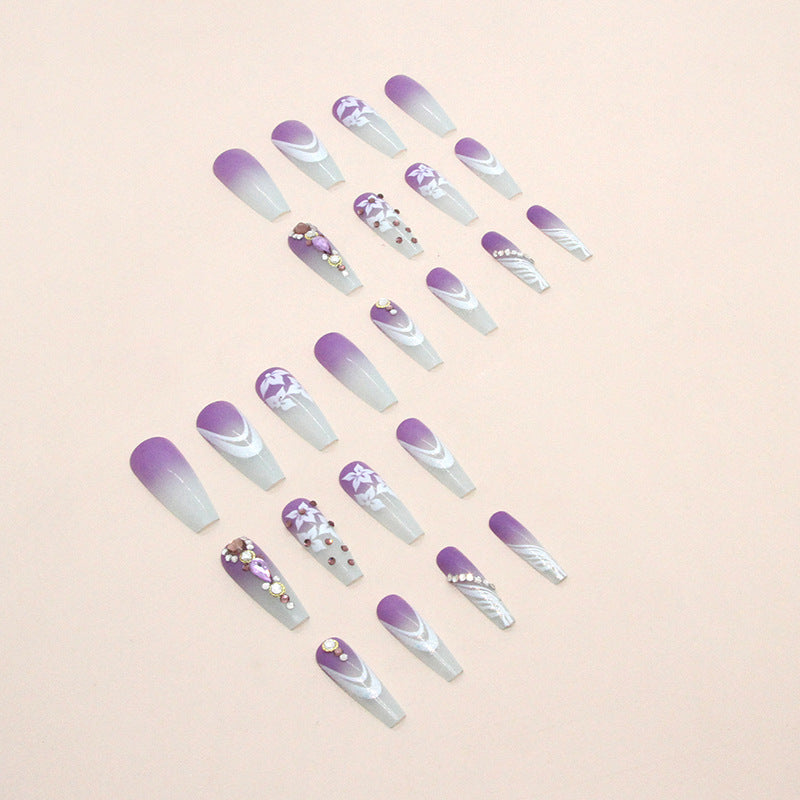 Long ballet purple blue gradient sunflower diamond wearable nails 24 pieces