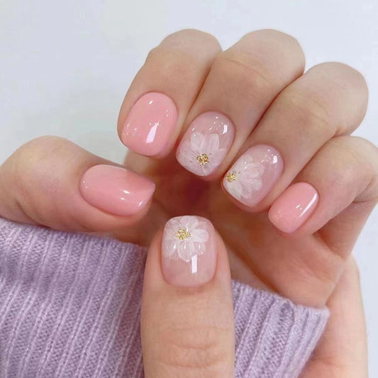 Ice Tea Flower Glitter Pink Gold White Wearable Nail 24pcs