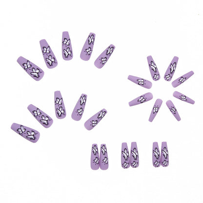 European and American long ballet nails butterfly purple wearable nails 24 pieces