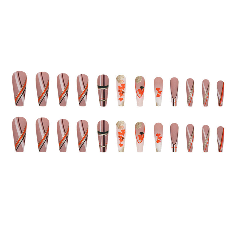 Long ballet striped leaves warm brown ins style autumn elegant wear nails 24 pieces