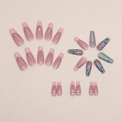 Pink flower sweet girl ins medium and long wear nails 24 pieces