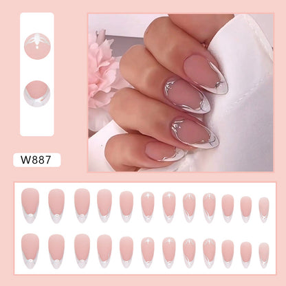 Simple white French frosted silver line irregular curve wear nail 24 pieces