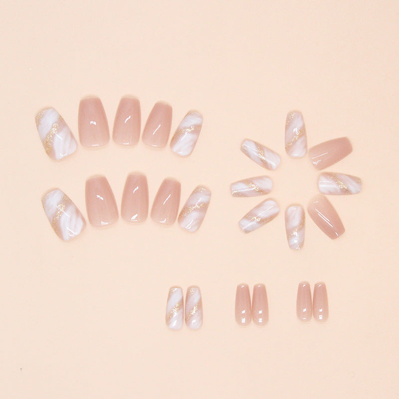 Pink and white marble pattern glitter stripe ballet nail wear 24 pieces