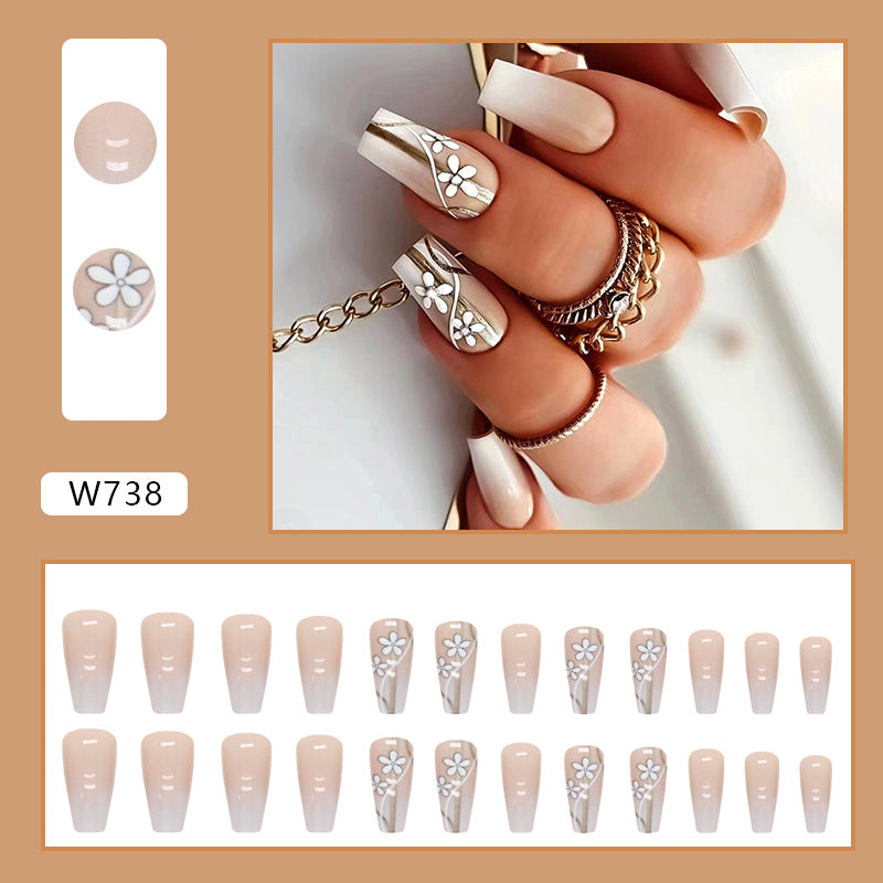 Medium-length gradient white flower gold thread wearable nails 24 pieces