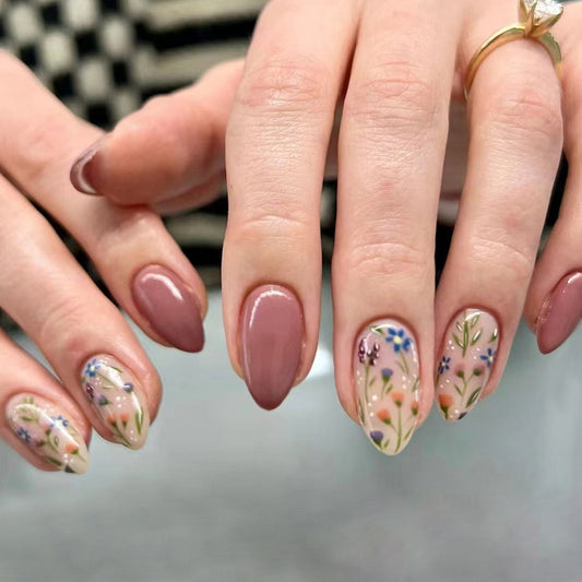 Foreign trade nail art patches short almond nail nail pieces wearable and removable small fresh flower nail art patches 30 pieces 