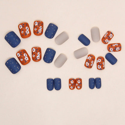 Brown and blue color matching small flower ins style short square wearable nails 24 pieces