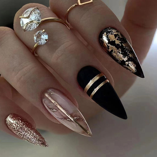 Dark Amber Gold Foil Flashing Almond Nail Wearable 24pcs