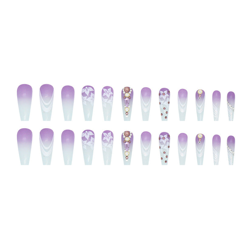 Long ballet purple blue gradient sunflower diamond wearable nails 24 pieces