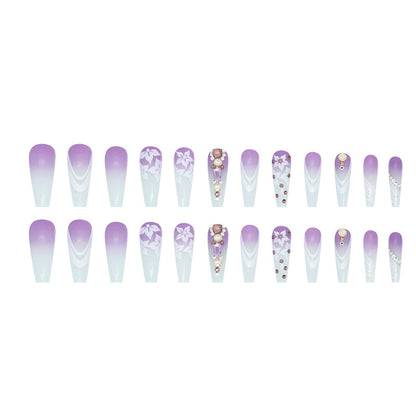 Long ballet purple blue gradient sunflower diamond wearable nails 24 pieces