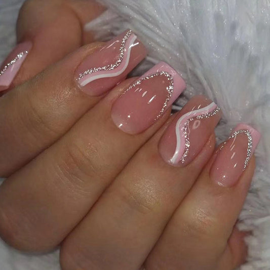 Striped pink and white medium-length square wearable nails 24 pieces 