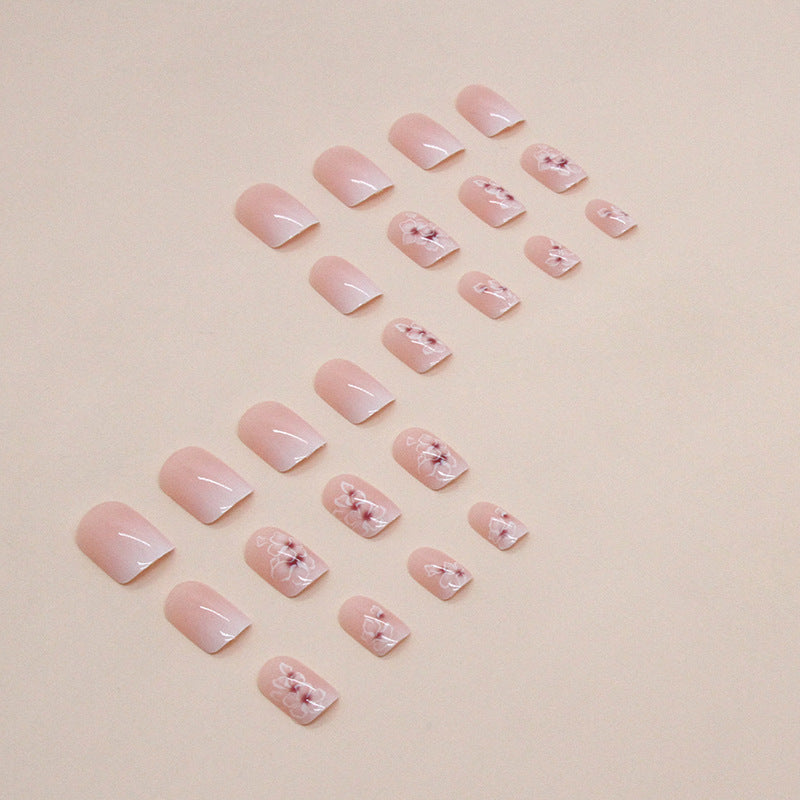 White flower gradient fairy fashion short square wearable nails 24 pieces