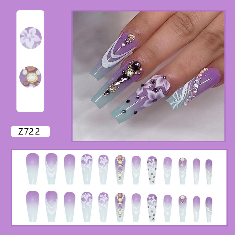 Long ballet purple blue gradient sunflower diamond wearable nails 24 pieces