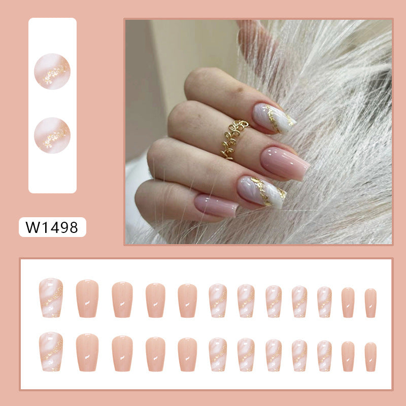 Pink and white marble pattern glitter stripe ballet nail wear 24 pieces