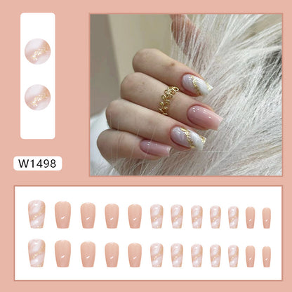 Pink and white marble pattern glitter stripe ballet nail wear 24 pieces