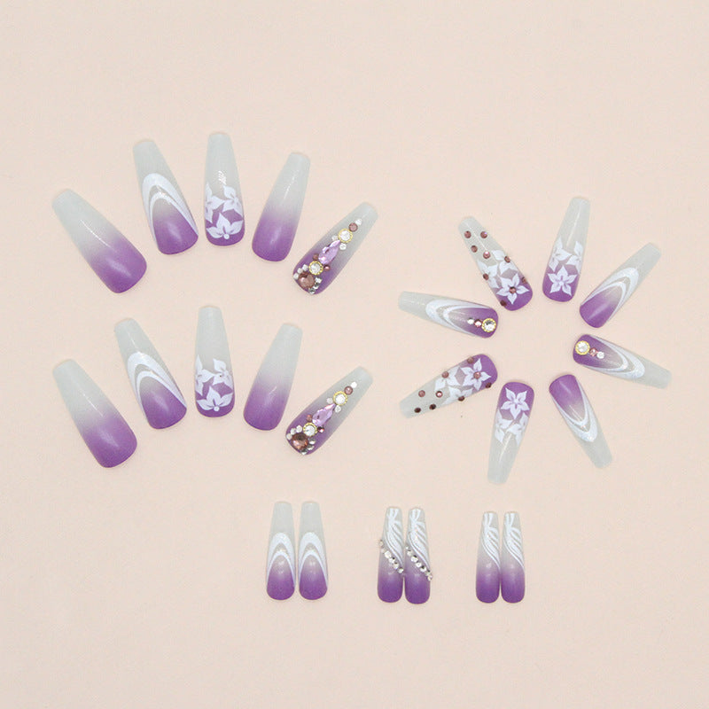 Long ballet purple blue gradient sunflower diamond wearable nails 24 pieces