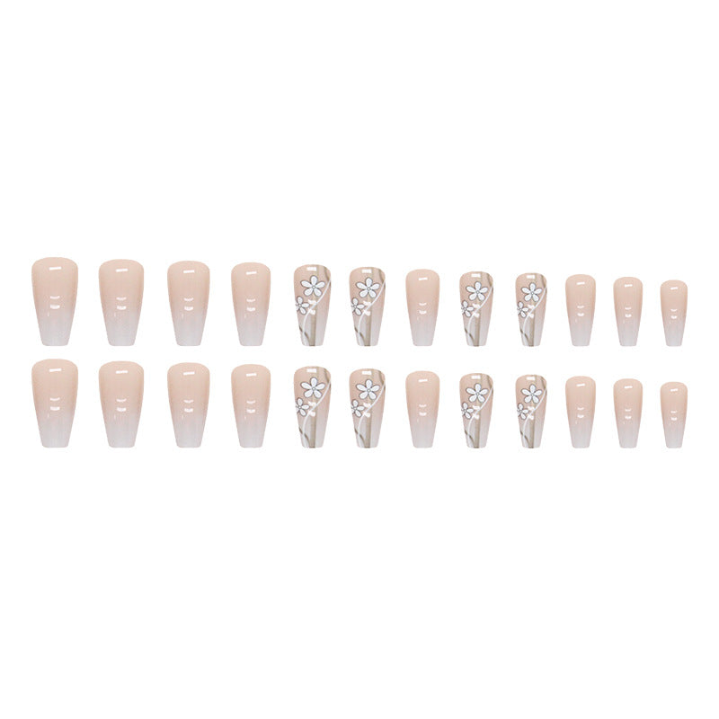 Medium-length gradient white flower gold thread wearable nails 24 pieces