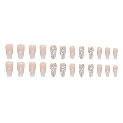 Medium-length gradient white flower gold thread wearable nails 24 pieces