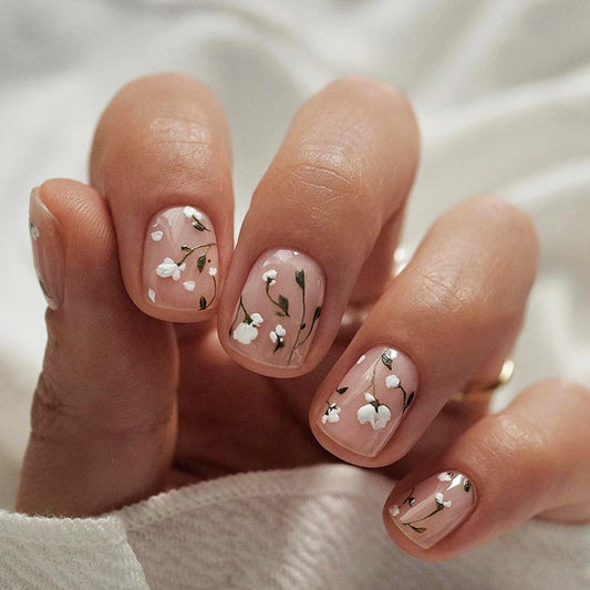 White small flower short square small fresh wear nail 24 pieces