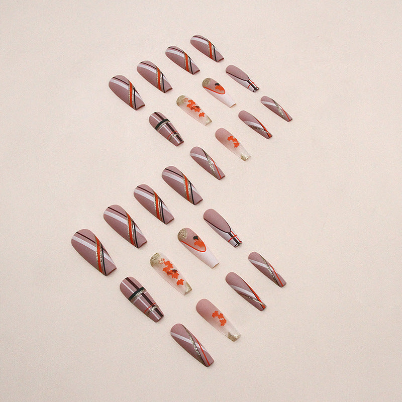 Long ballet striped leaves warm brown ins style autumn elegant wear nails 24 pieces