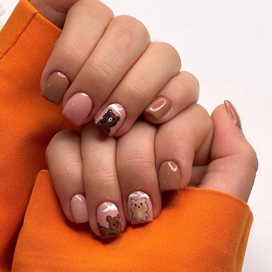 Autumn and winter brown cute bear ins style short square wearable nails 24 pieces