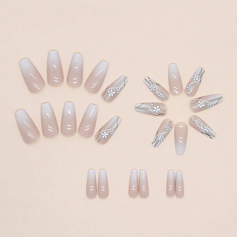 Medium-length gradient white flower gold thread wearable nails 24 pieces