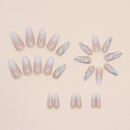 Medium-length gradient white flower gold thread wearable nails 24 pieces