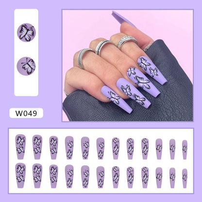 European and American long ballet nails butterfly purple wearable nails 24 pieces