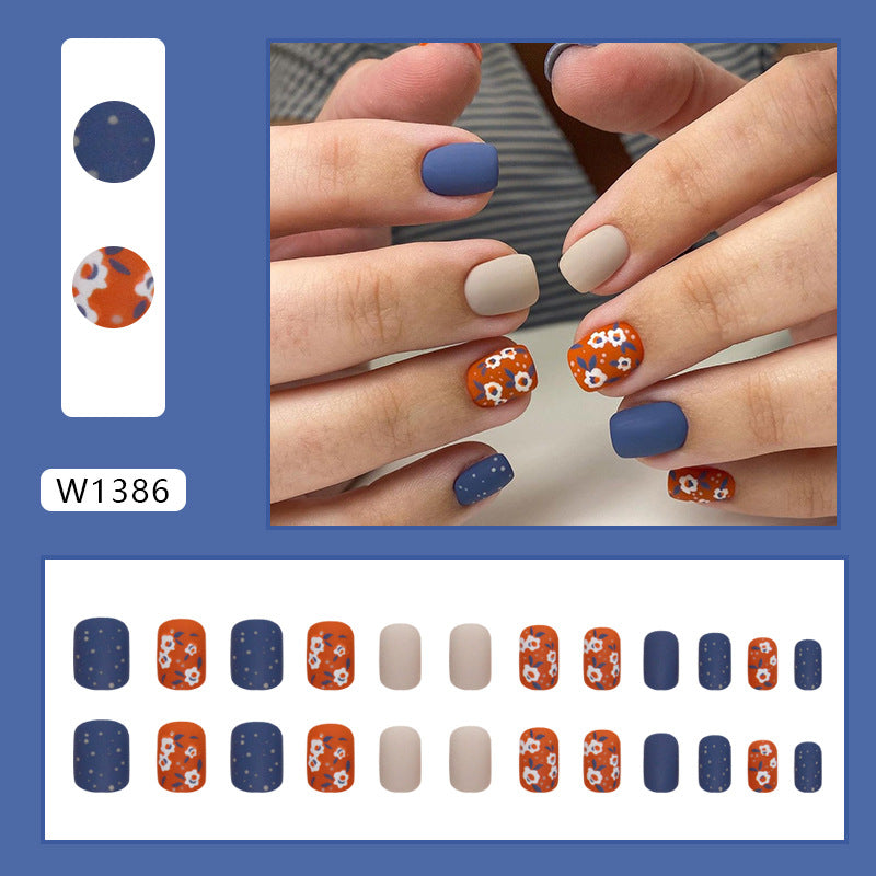 Brown and blue color matching small flower ins style short square wearable nails 24 pieces