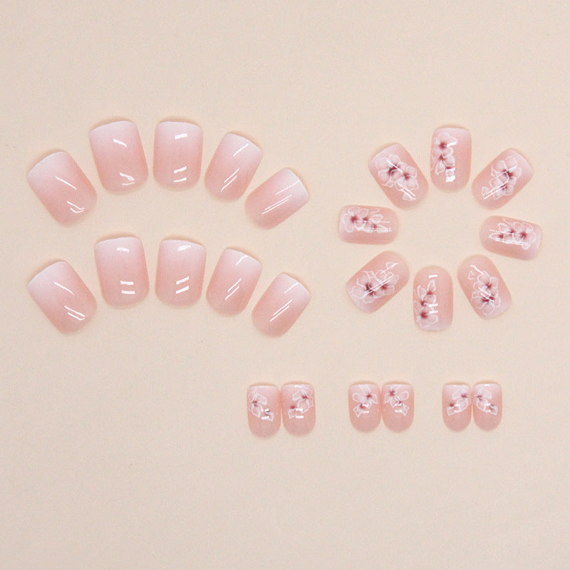 White flower gradient fairy fashion short square wearable nails 24 pieces