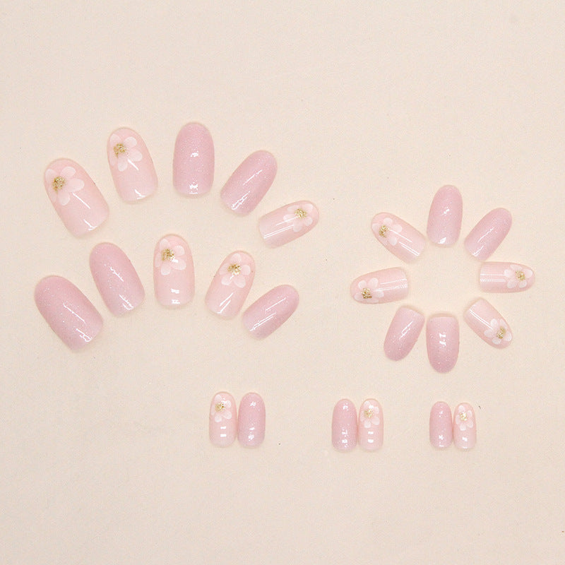 Dreamy pink gentle quicksand flower oval wearable nail 24 pieces