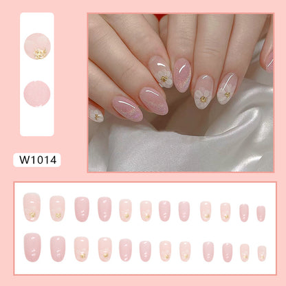 Dreamy pink gentle quicksand flower oval wearable nail 24 pieces