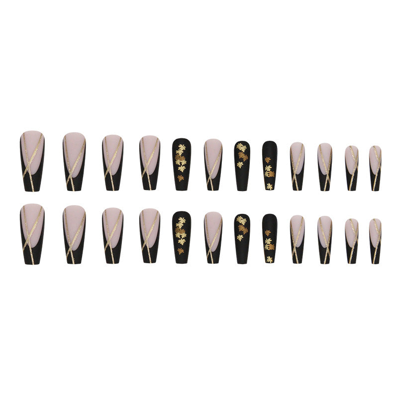 Long ballet sweet cool noble black gold chain French striped maple leaf wear nail 24 pieces