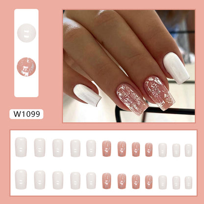 Pearlescent gentle white fragments medium-length square wearable nails 24 pieces