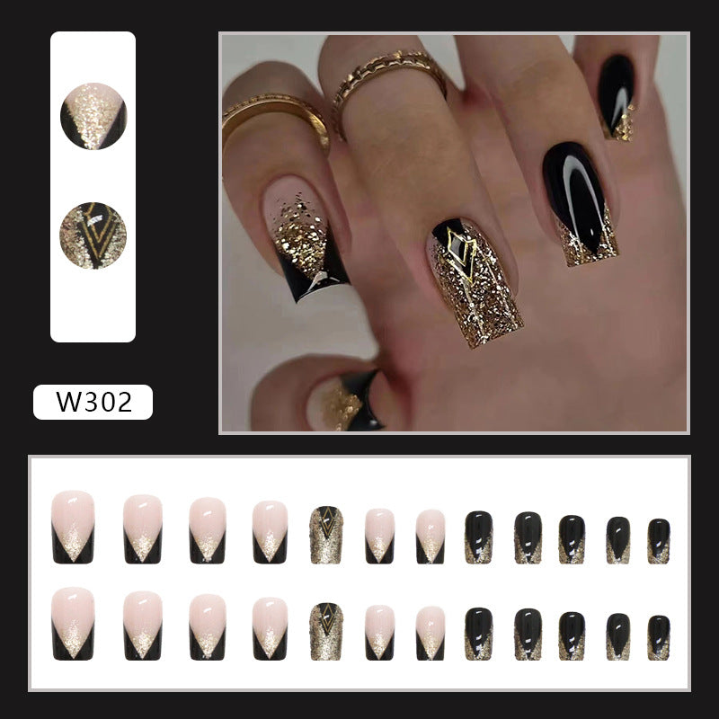 Black glitter gold glitter ins elegant and noble wearable nail 24 pieces 