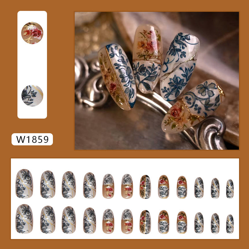 Porcelain filigree exquisite flowers retro temperament wearable nail 24 pieces 